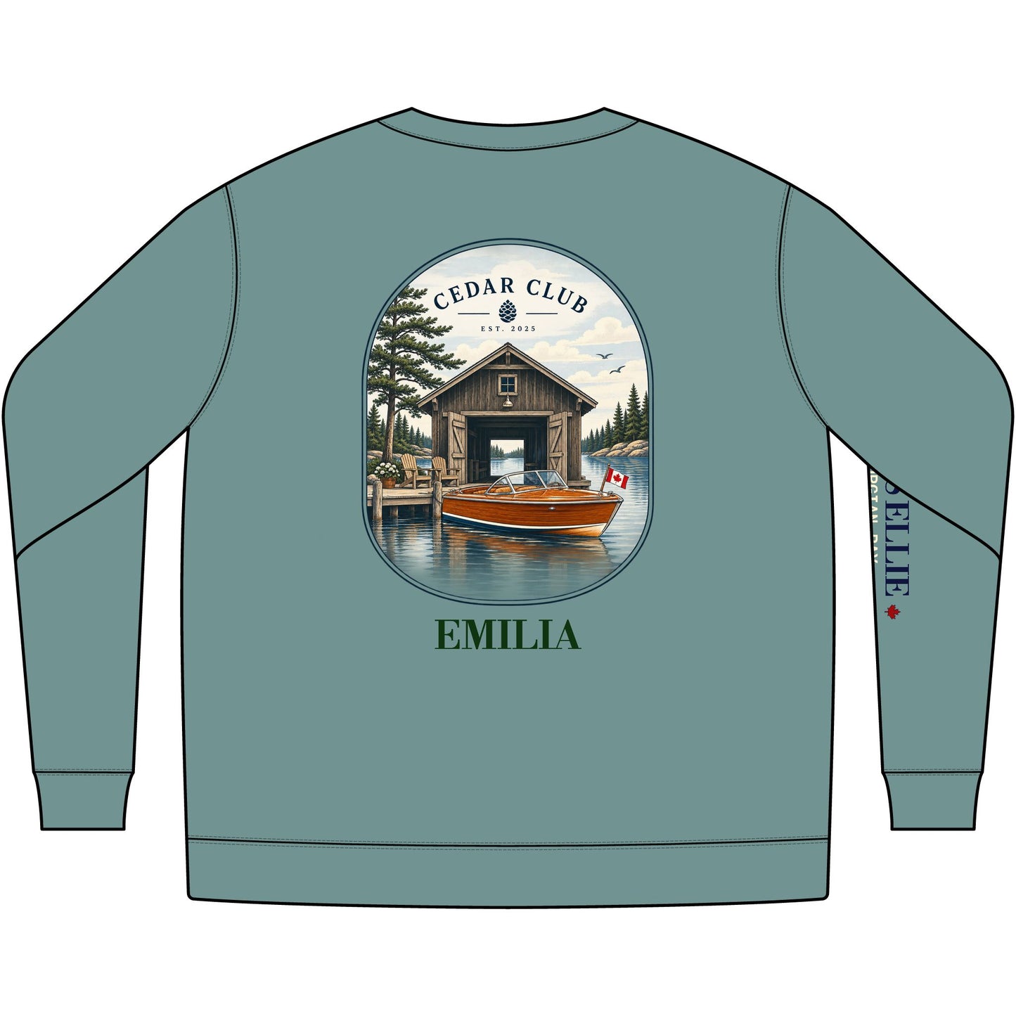 Cedar Club Crewneck Sweatshirt — Vintage Lakeboat Cabin Graphic