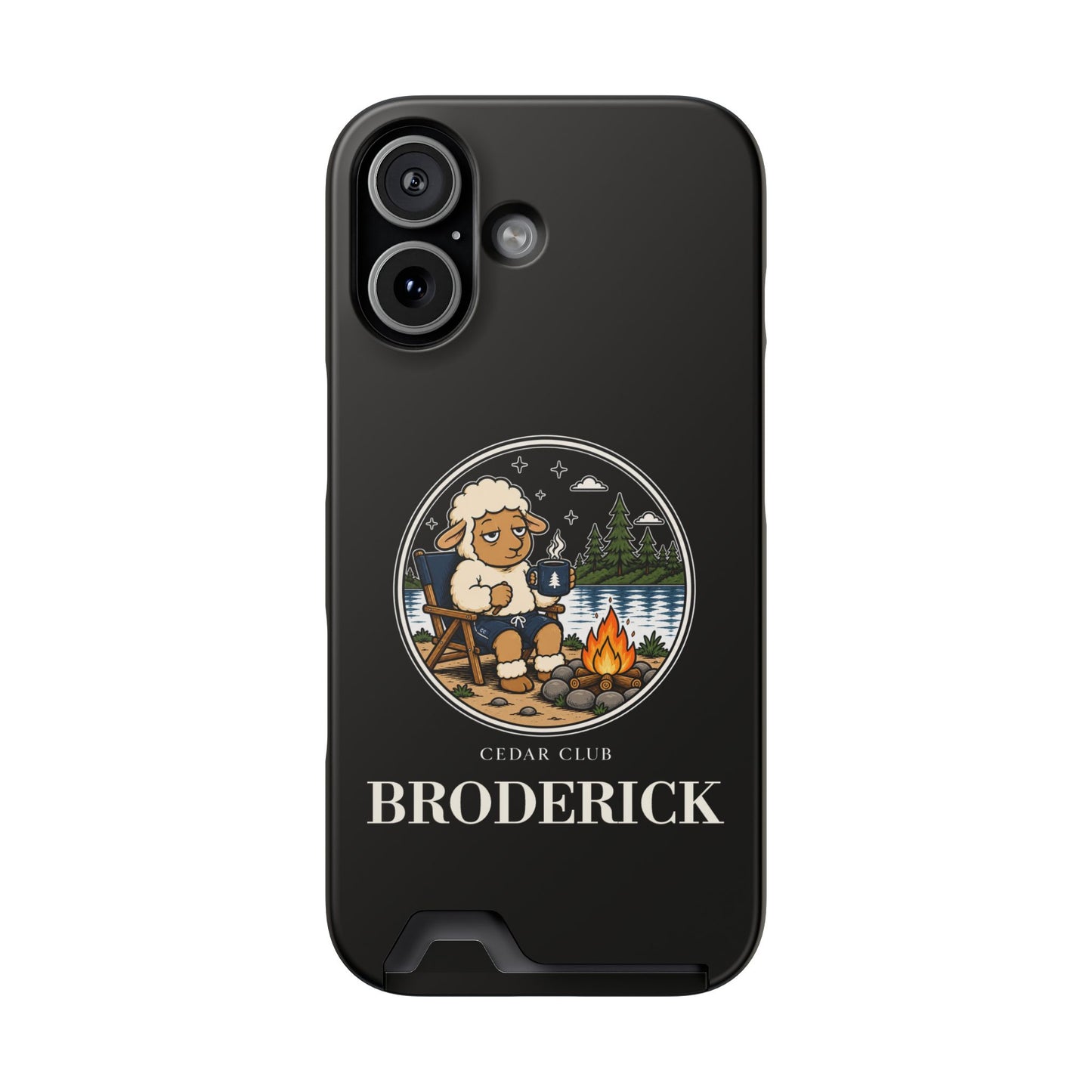 Camping Sheep Phone Case with Card Holder — Personalized 'Broderick' Outdoor Campfire Design
