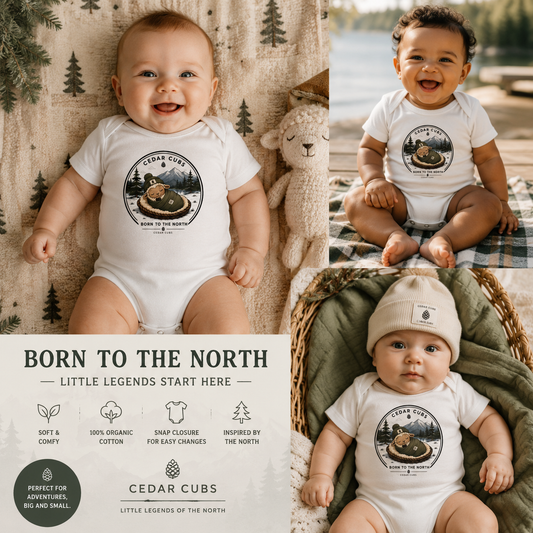 Cedar Cubs Baby Onesie – 'Born to the North' Organic Bodysuit