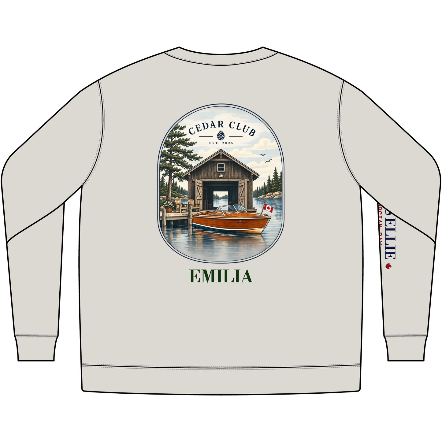 Cedar Club Crewneck Sweatshirt — Vintage Lakeboat Cabin Graphic