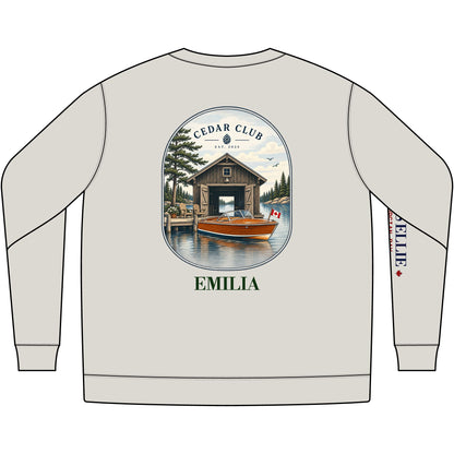 Cedar Club Crewneck Sweatshirt — Vintage Lakeboat Cabin Graphic