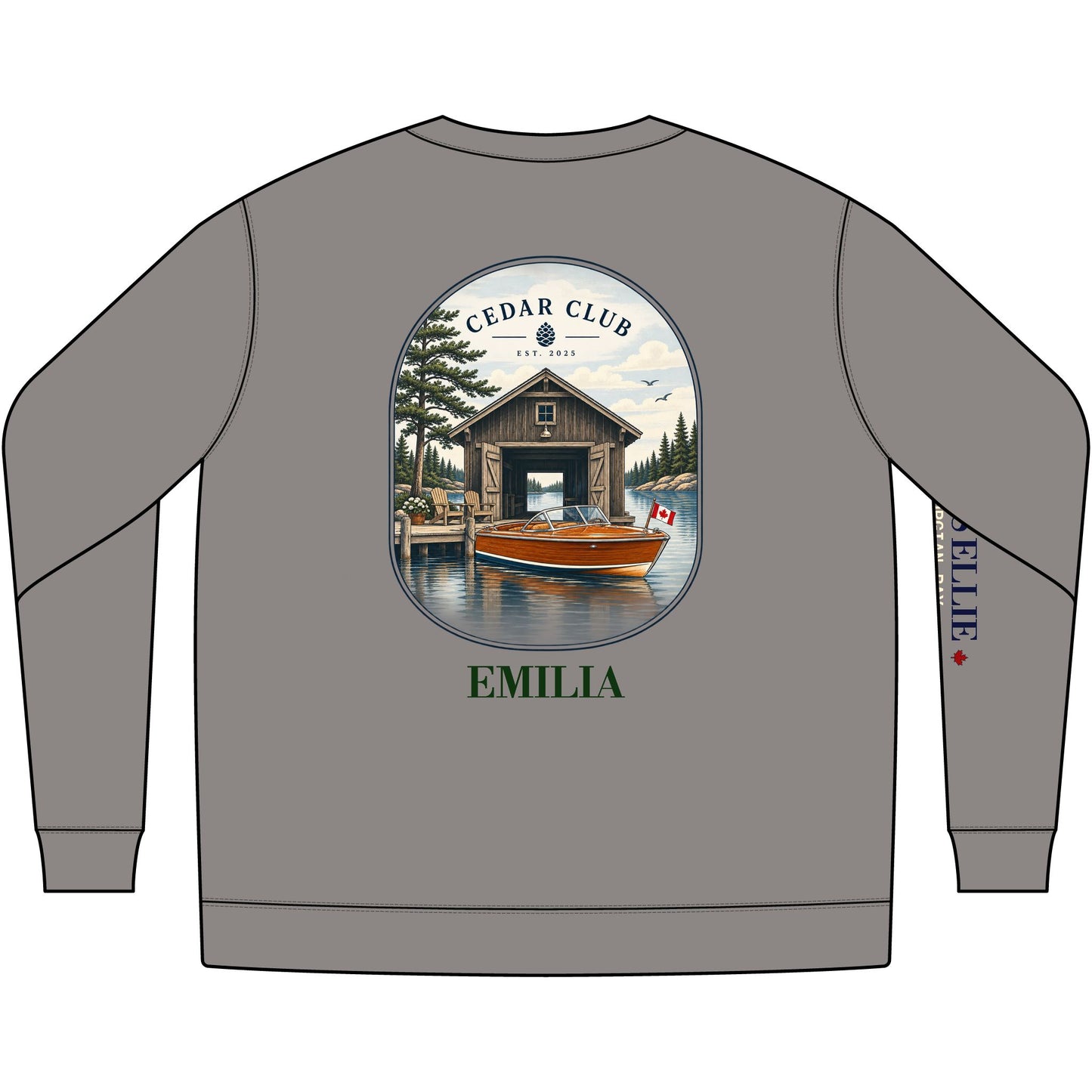 Cedar Club Crewneck Sweatshirt — Vintage Lakeboat Cabin Graphic