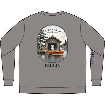 Cedar Club Crewneck Sweatshirt — Vintage Lakeboat Cabin Graphic