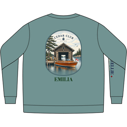 Cedar Club Crewneck Sweatshirt — Vintage Lakeboat Cabin Graphic