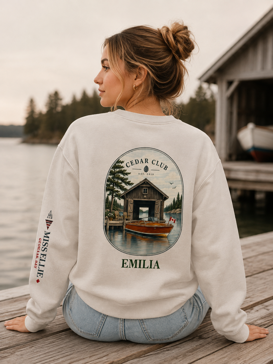 Cedar Club Crewneck Sweatshirt — Vintage Lakeboat Cabin Graphic