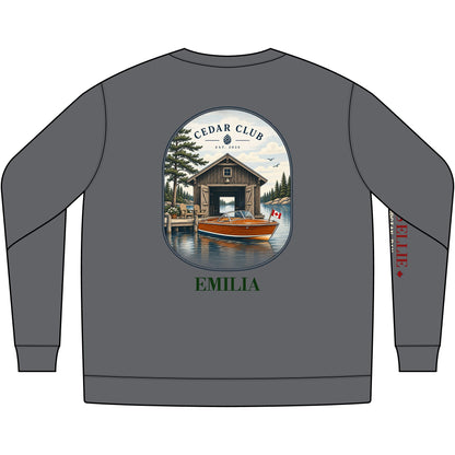 Cedar Club Crewneck Sweatshirt — Vintage Lakeboat Cabin Graphic